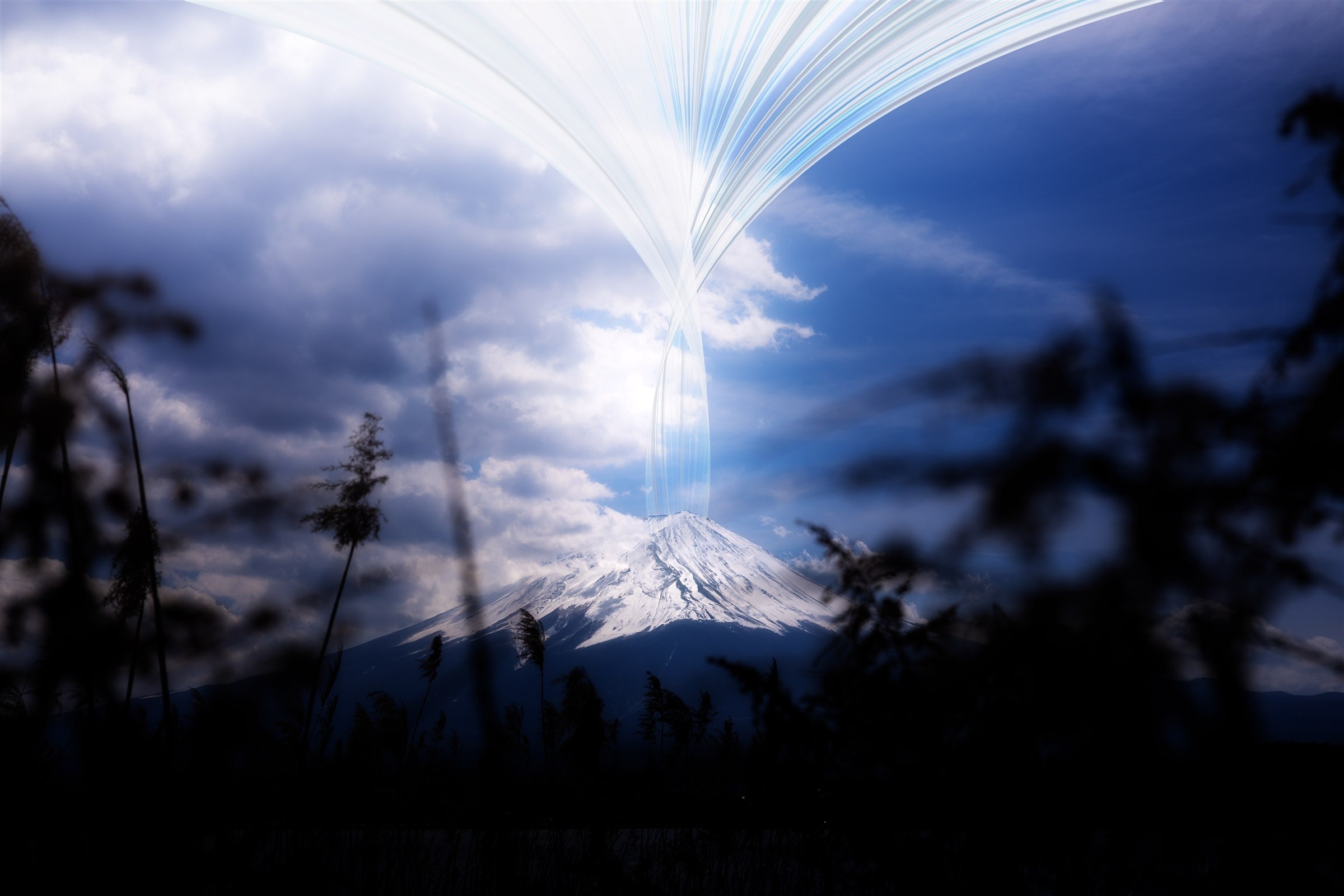Mount Fuji's snow-capped peak with a pixel-stretch vortex swirling up into the sky above it.