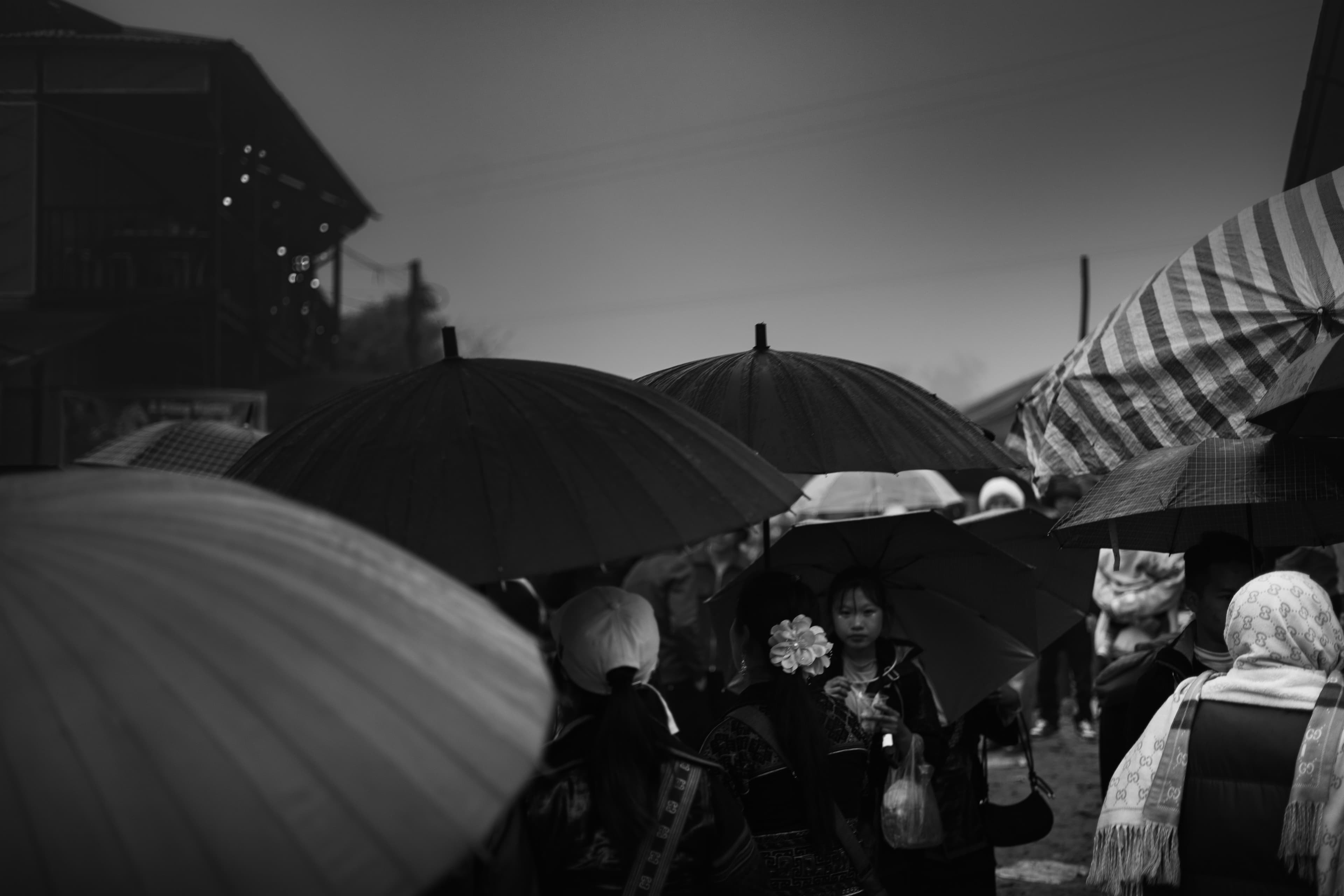 Black-and-white umbrellas crowd a dim market street at dusk, shoppers moving beneath them.